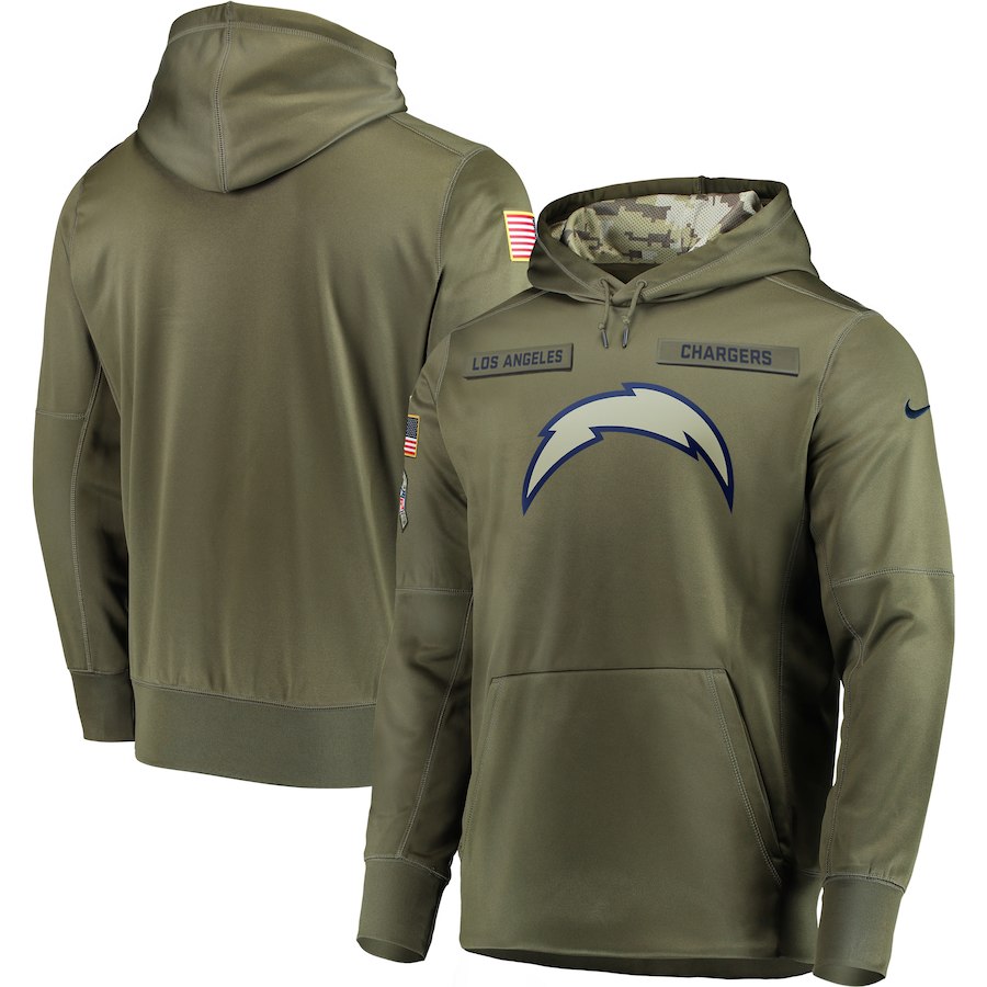 Men's Los Angeles Chargers 2018 Olive Salute to Service Sideline Therma Performance Pullover Stitched Hoodie